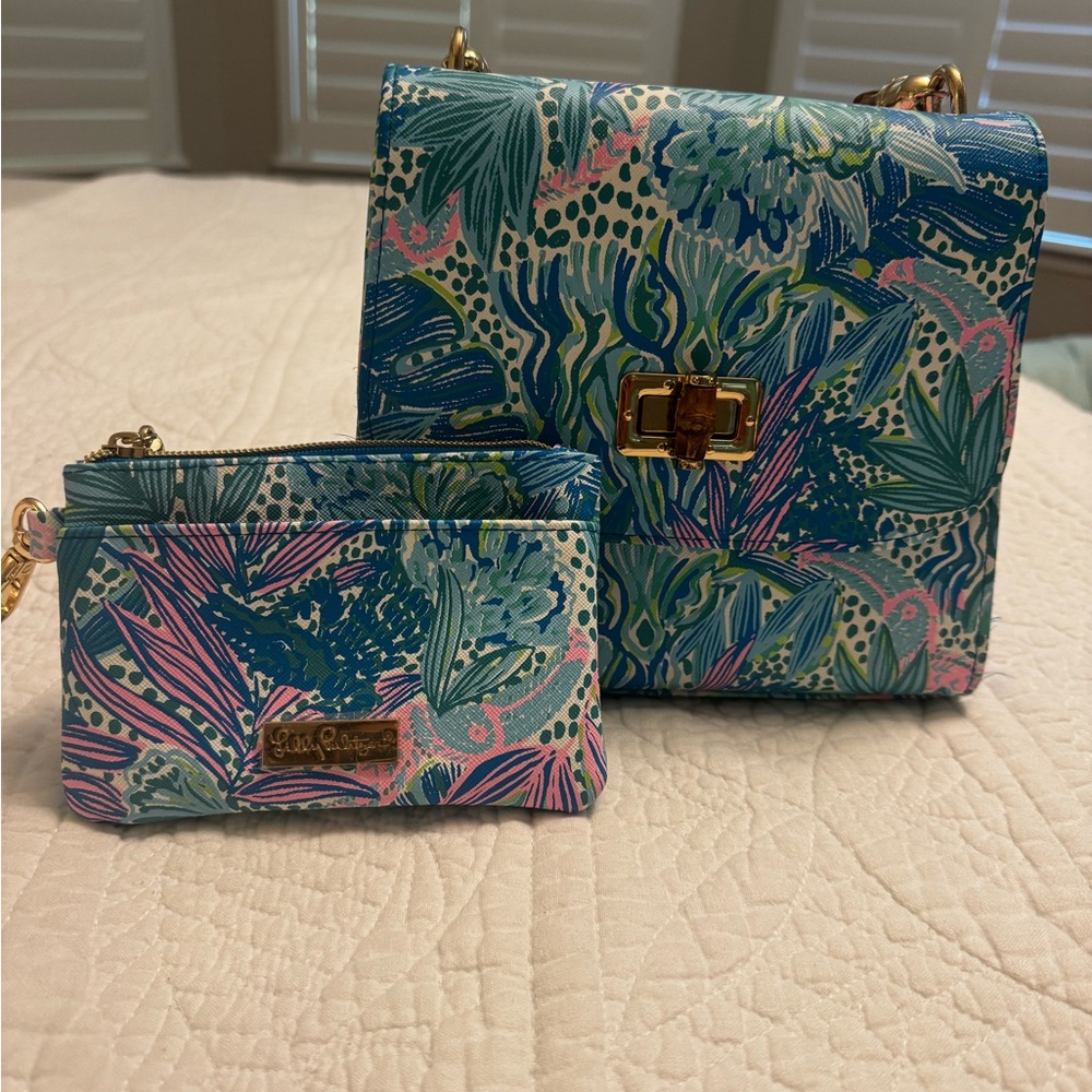 Lilly Pulitzer Bamboo Handle Tropical Blue and Pink Mini Bag Set